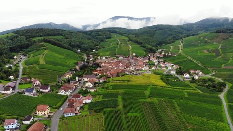Rodern village nested at foothill, surround with vineyard fields, aerial perspective of cute town in Alsace, France. Green Vosges hills on background in low white clouds