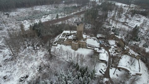 medieval Castle Orlík by Humpolec city, Vysočina-Highlands, Czech republic, Europe  aerial panorama view with a snow storm comming,white out,scenic beautiful landscape view