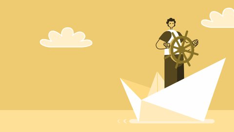 Yellow Style Man Flat Character Floats on Paper Boat. Isolated Loop Animation with Alpha Channel