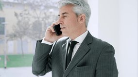 Video of elegant mature businessman talking on mobile phone while standing next to the window in his office in a modern startup.
