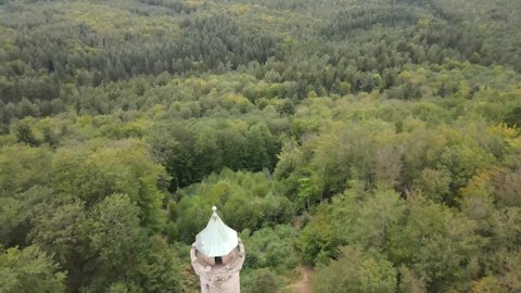 Kaiserslautern, Rhineland Palatinate - Septmeber 23rd 2021: Aerial view of forest and Humbergterm viewing tower