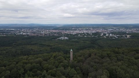 Kaiserslautern, Rhineland Palatinate - Septmeber 23rd 2021: Aerial view of Humberg tower in the forest in Kaiserslautern