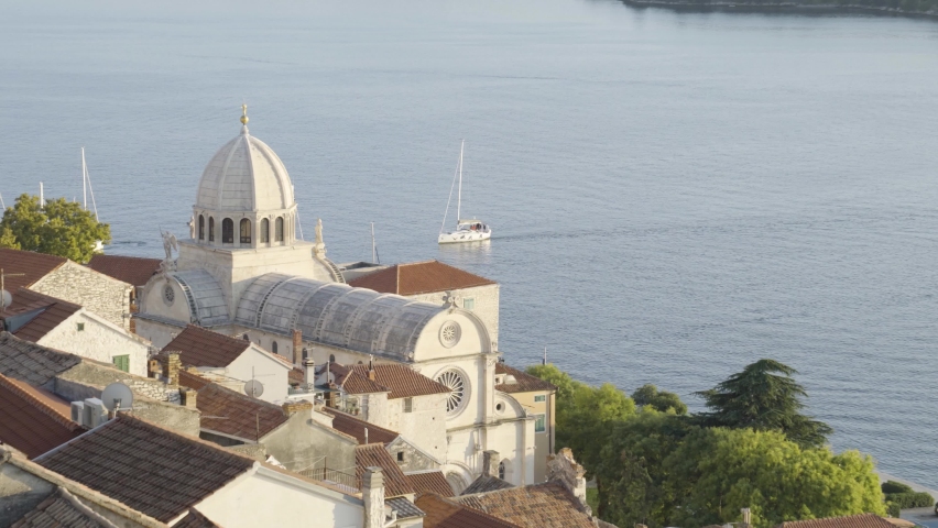 Sibenik, Croatia, Overlooking on St. James Catholic Church and Adriatic Sea Bay, Static View