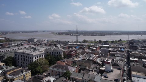 Aerial View of New Orleans, Louisiana USA, Central Historic Buildings and Mississippi River in Background
