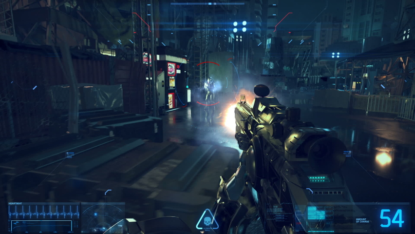 Fake Sci-Fi First Person Shooter. Cyberpunk style. HUD. Lens flares. 3D videogame. part 1of2.