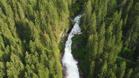 Aerial view of the krimml waterfalls in austria (Krimmler Wasserfälle). Austria's highest waterfall Krimml