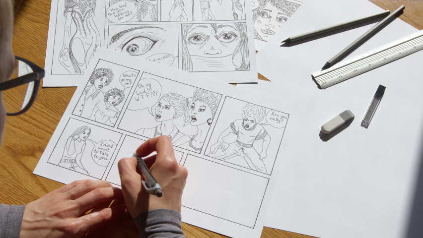 The artist draws sketches of comic book characters on paper. The illustrator creates a storyboard. Royalty-Free Stock Footage #1090616441