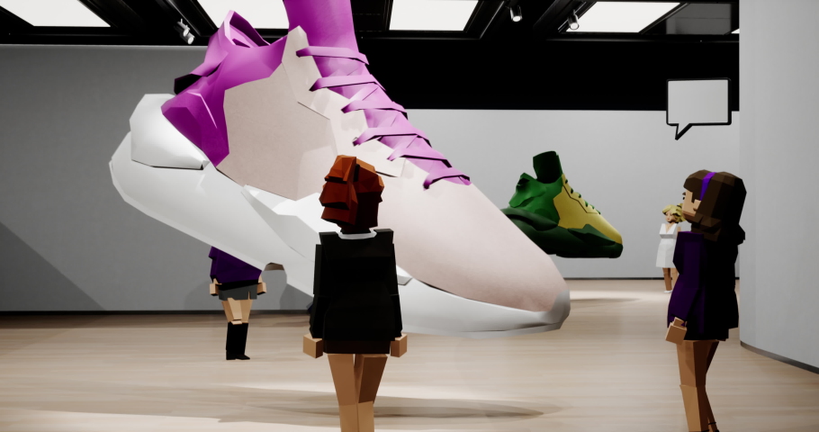 People playing as avatars in virtual reality metaverse shop, discussing new sneaker model during the presentation. Fashion retail concept, sport gamification. Generic 3d rendering Royalty-Free Stock Footage #1090617039