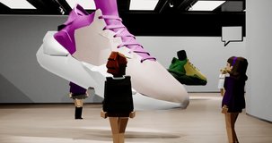 People playing as avatars in virtual reality metaverse shop, discussing new sneaker model during the presentation. Fashion retail concept, sport gamification. Generic 3d rendering