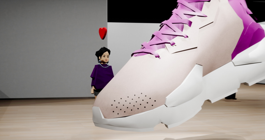 People playing as avatars in virtual reality metaverse shop, discussing new sneaker model during the presentation. Fashion retail concept, sport gamification. Generic 3d rendering | Shutterstock HD Video #1090617039