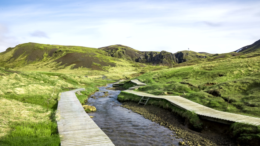 Hot river in Reykjadalur valley In Iceland near Reykjavik. Timelapse view.