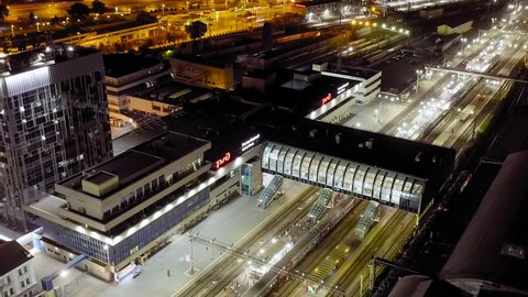 Rostov-on-Don, Russia - August 25, 2020: Railway station Rostov-Glavny. City night view, Aerial View Hyperlapse, Departure of the camera