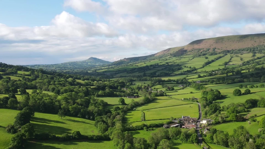 Aerial hyperlapes of the Golden Valley between Hay On Wye and Abergavenny on the England- Wales Border-  United Kingdom