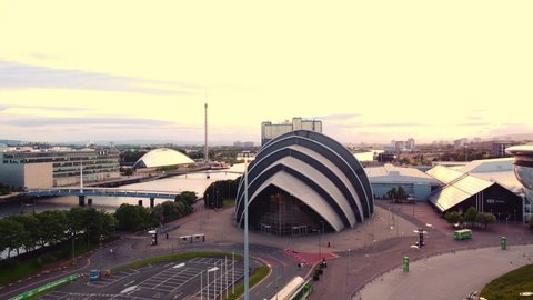 Glasgow, Scotland, UK : May 24 2022: Aerial drone shot Glasgow sunset clyde auditorium 