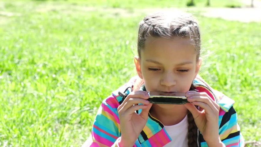 cute teenage girl in white T-shirt and with hairstyle with braids plays harmonica against the background of grass