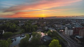 Establishing Aerial View Shot of York UK, North Yorkshire, England United Kingdom day, jaw dropping colors on the sky, sunrise, sunset, slow push in, far