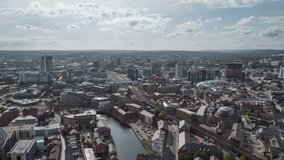 Establishing Aerial View Shot of Leeds UK, West Yorkshire, England United Kingdom day, wide view, push in