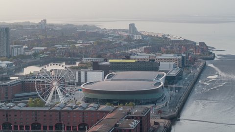 Liverpool, United Kingdom - circa 2022 - Establishing Aerial View Shot of Liverpool UK, Merseyside, England United Kingdom, MS Bank Arena, Exhibition Centre Liverpool, ACC Convention Centre