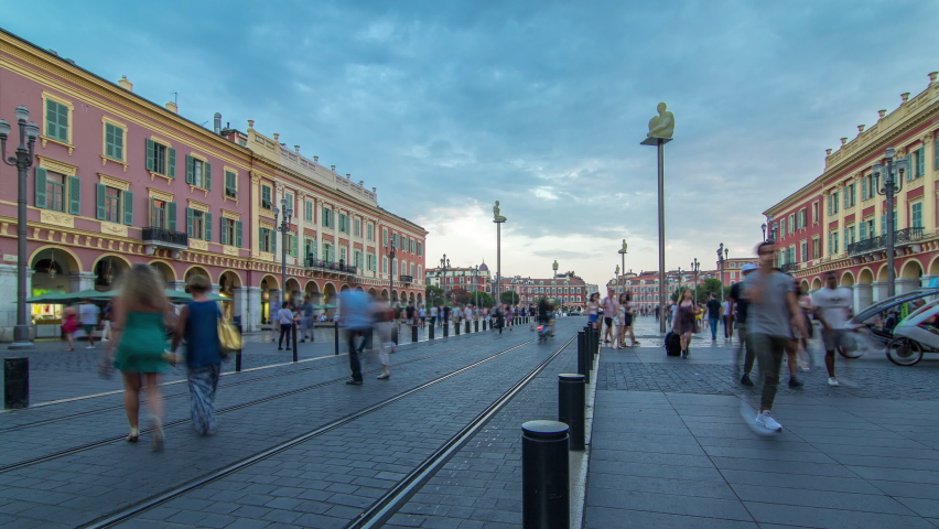 Place Massena square in Nice city day to night transition panoramic timelapse, French Riviera, Cote d