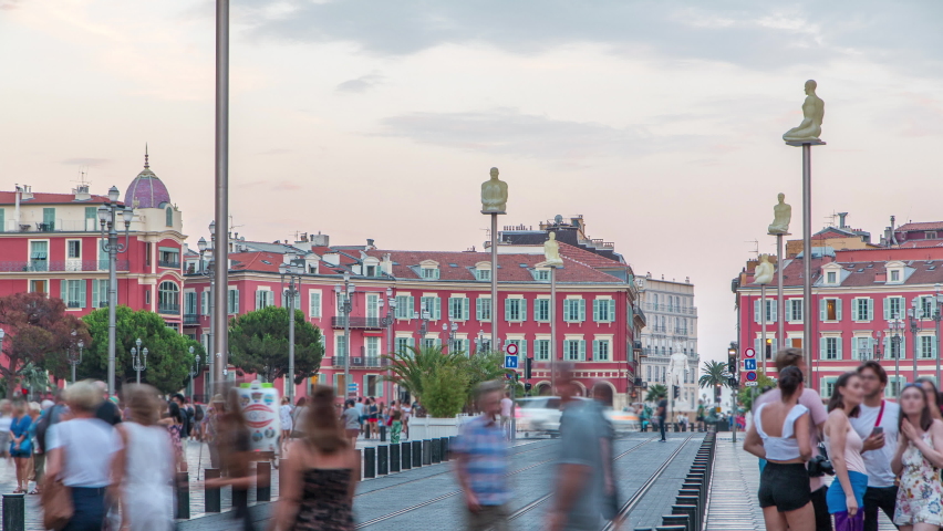 Place Massena square in Nice city day to night transition timelapse, French Riviera, Cote d
