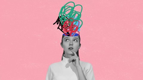 Chaos in girl's head and hurricane of thoughts. Modern design, contemporary art collage. Inspiration, idea concept, trendy urban magazine style. Stop motion, 2d animation