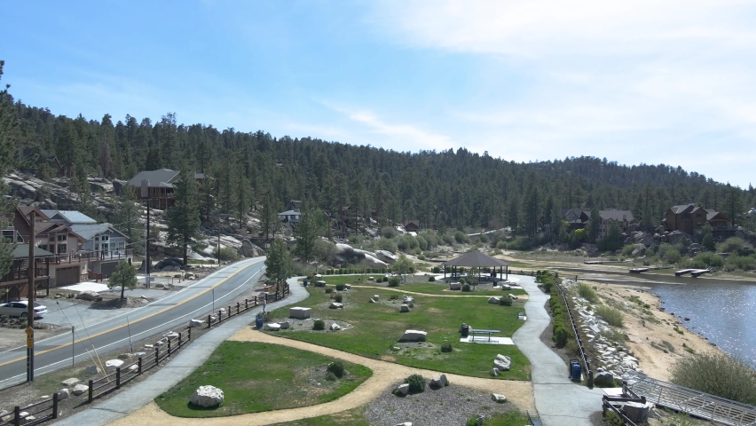 Aerial Shot of Boulder Bay Park next to Big Bear Lake