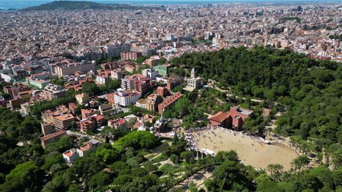 Aerial view of Park Guell by Antonio Gaudi, Barcelona, Spain. Famous and extremely popular travel destination in Europe