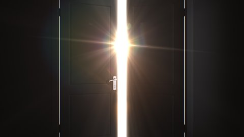 Door Opening to a Bright Flashing Light. From Dark to the Light Concept. Camera Moving to the Sun. 3d Animation with Alpha Channel. 4k UHD 3840x2160. : vidéo de stock