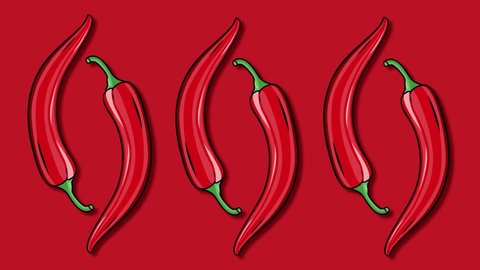 Red peppers moving animation. 2D animation of hot peppers on a red background. Animation vector product icon set of chili pepper. The product is a vegetable sharp red chili peppers. 