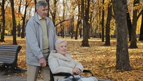 Elderly caucasian carefree middle aged couple grandparents walk in autumn park grandfather push senior mature woman with illness in wheelchair transport married partners take care spend time together - Powered by Shutterstock - Get 15% off with code: PIKWIZARD15