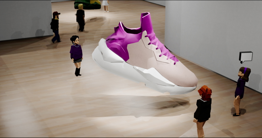 People playing as avatars in virtual reality metaverse shop, discussing new sneaker model during the presentation. Fashion retail concept, sport gamification. Generic 3d rendering Royalty-Free Stock Footage #1090652049