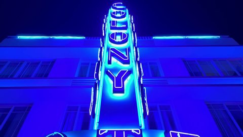 Most famous landmark on South Beach - The Colony Hotel at night - MIAMI, FLORIDA - FEBRUARY 20, 2022