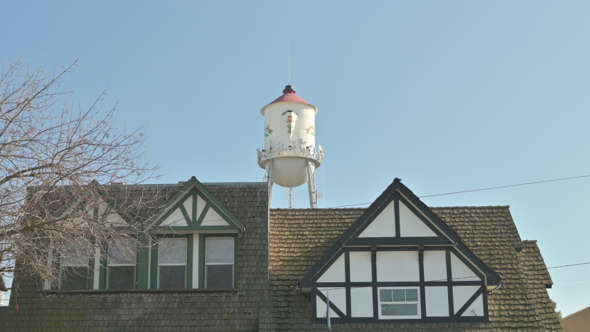 Kingsburg, California, USA. The little Swedish village in downtown and water tower. zoom in shot.