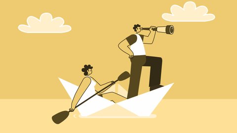 Yellow Style Flat Characters Rower Woman and Man Captain Floats on Paper Boat. Isolated Loop Animation with Alpha Channel