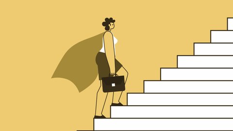 Yellow Style Woman Superhero with Briefcase Flat Character Walk Up the Stairs. Isolated Loop Animation with Alpha Channel