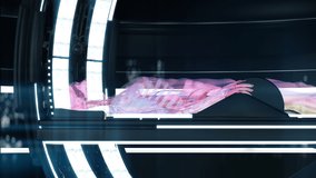 Futuristic virtual biomedical holographic human body scan, Data  diagnostic PET CT scan of Male Body Three Dimensional user interface HUD organ analysis medical technology MRI scan Bed Modern Hospital - Powered by Shutterstock - Get 15% off with code: PIKWIZARD15