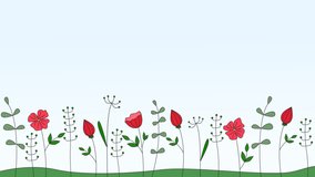 Animation illustration or motion design Several cheerful bees fly among red flowers and green plants that sway in the wind against the blue sky, the inscription Hello Summer appears