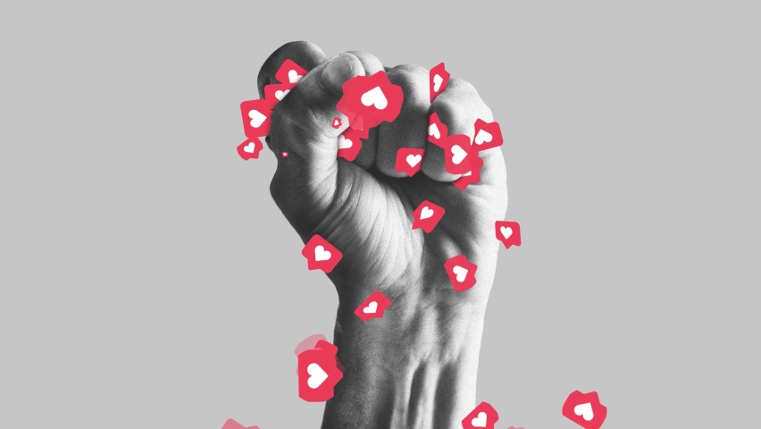 Human fist full of heart shapes. Stop addiction of social media. Modern design, contemporary art collage. Inspiration, idea, trendy urban magazine style. Stop motion and 2D animation Royalty-Free Stock Footage #1090665133