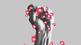 Human fist full of heart shapes. Stop addiction of social media. Modern design, contemporary art collage. Inspiration, idea, trendy urban magazine style. Stop motion and 2D animation - Powered by Shutterstock - Get 15% off with code: PIKWIZARD15