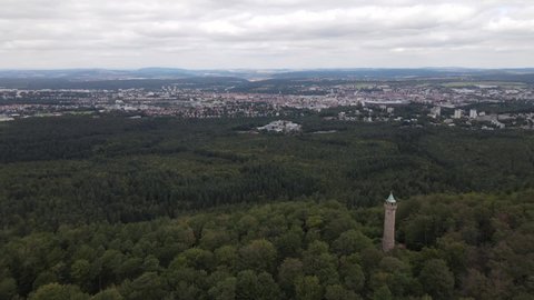 Kaiserslautern, Rhineland Palatinate - Septmeber 23rd 2021: Aerial view of forest and Humbergterm viewing tower in Kaiserslautern