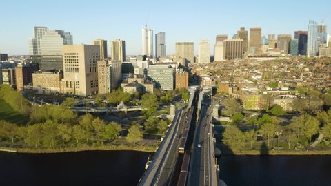 Subway Train Crossing Charles River to Downtown Boston. Beautiful Summer. Longfellow Bridge. Birds Eye View