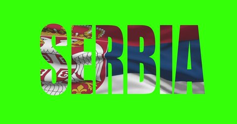 Serbia country lettering word text with flag waving animation on green screen 4K. Chroma key background
