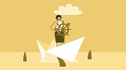 Yellow Style Woman Flat Character Sailing Surrounded by Sharks on Paper Ship Boat. Isolated Loop Animation