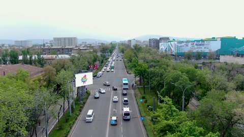 Bishkek, Kyrgyzstan - April 4, 2022: Aerial view of Bishkek city street with traffic