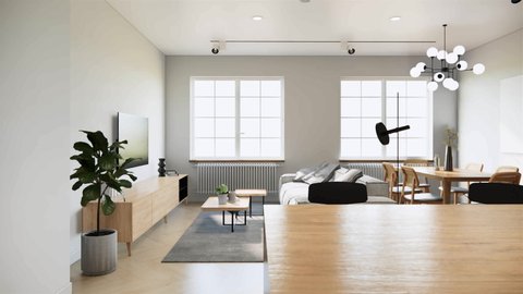 4K video animaiton of mock up studio apartment room interior design and decoration with wooden dining table and chairs fabric sofa blank tv black screen with sunlight from window. 3d rendering room.