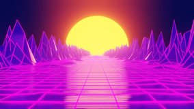 Cyberpunk background neon style concept. Retro 80s styled Sunset landscape with purple pink neon 3D rendering.