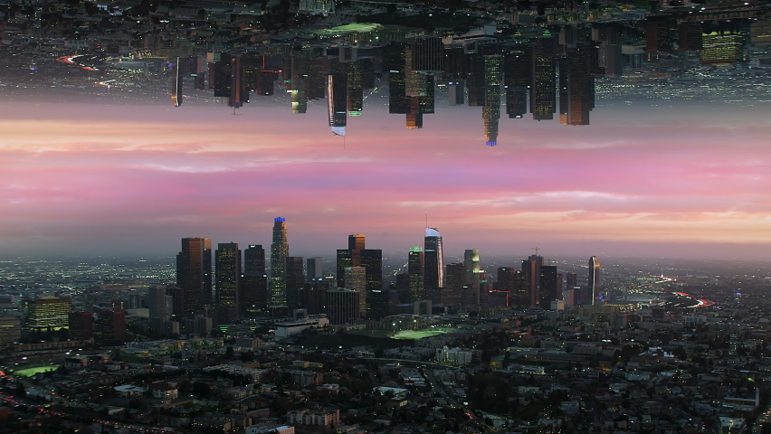 
Futuristic Aerial View of Los Angeles. Parallel Dimension Inception Style Mirror Effect. Surreal Vision of Hi Tech city. California, United States. Metaverse, Multiverse.