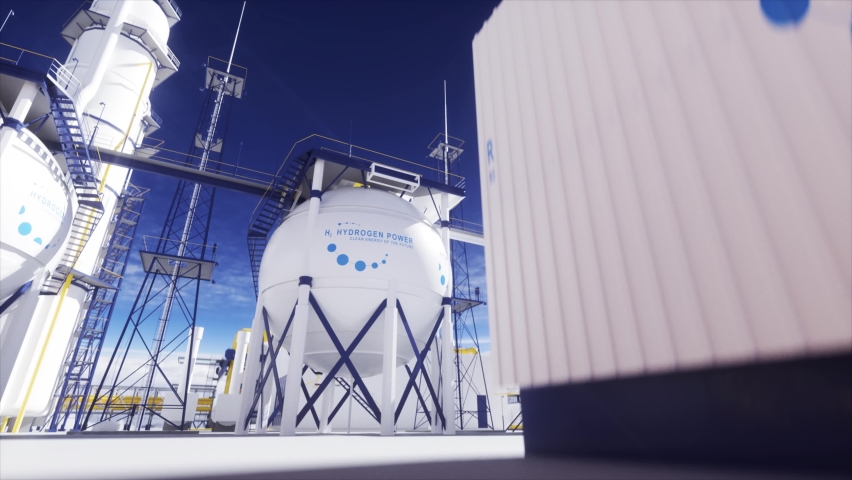 Hydrogen renewable energy production - hydrogen gas for clean electricity solar and windturbine facility. 3d rendering. | Shutterstock HD Video #1090687455