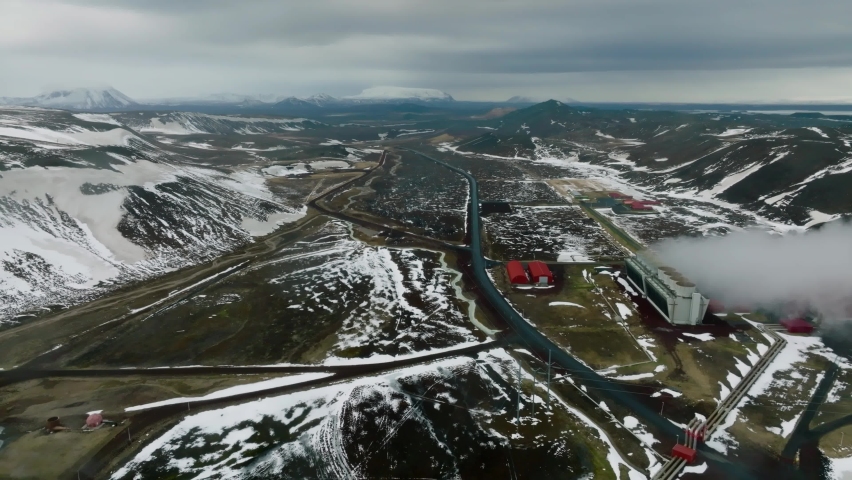 Aerial view of the Krafla Power Plant in Iceland. Steam plant generating electricity. Green eco energy in Iceland.
