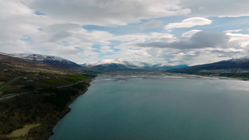 Beautiful aerial nature near Akureyri town in North Iceland. Icelandic nature.